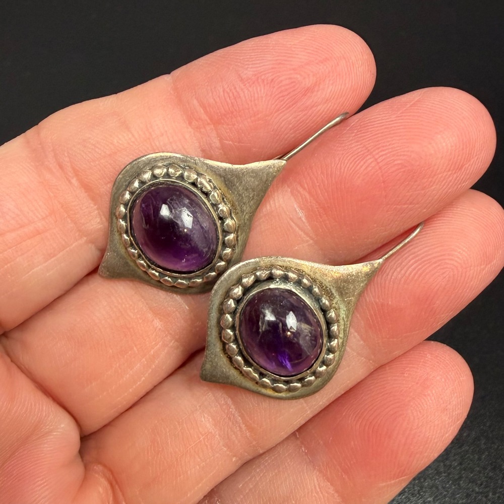 Vintage Amethyst Sterling Silver Earrings Purple Drop Dangle Boho Artisan Vibe